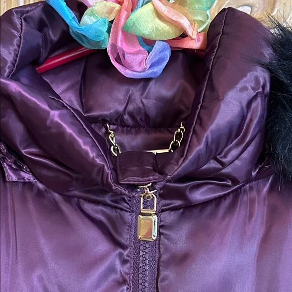 laundry By Shelli Segal Puffer Jacket with Faux Fur Deep Purple & Black - Picture 6 of 13